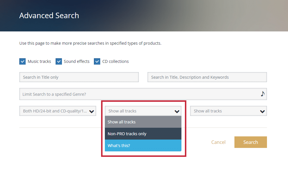 Advanced Search: How to find PRO-tracks and Non-PRO tracks